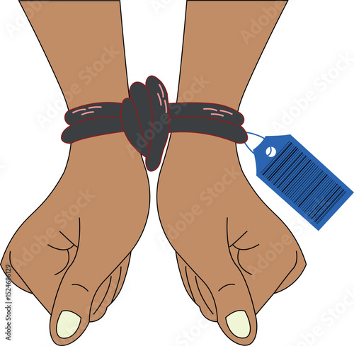 Two Hands Tied with "For Sale" or Barcode Tag – Symbolizing Human Trafficking

