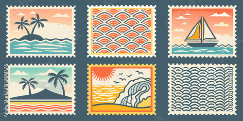 Collection of Six Retro Style Postage Stamps Featuring Tropical Islands Ocean Waves Sailboats and Coastal Scenes in a Vintage Aesthetic set six