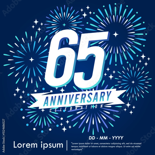 65th years anniversary celebration emblem. congratulations anniversary logo isolated with ribbon and fireworks sparkle on blue background. vector illustration template design for web	
