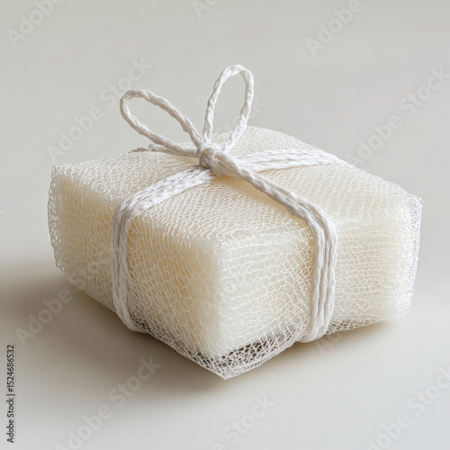 White soap bar wrapped in mesh with bow on neutral background