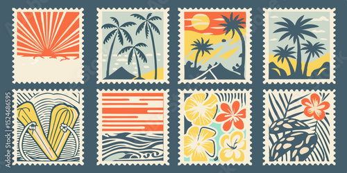 Collection of Illustrated Tropical Post Stamps Featuring Sunrises Palm Trees Ocean Waves Flowers and Beach Sandals in a Vintage Style set eight