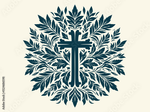 Christian Cross Vector Symbols, Crucifix Silhouettes, Symmetrical Cross with Leaf Motif Illustration Representing Spiritual Growth and Natural Harmony