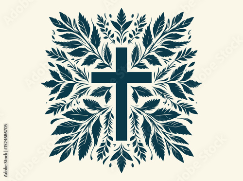 Christian Cross Vector Symbols, Crucifix Silhouettes, Symmetrical Cross with Leaf Motif Illustration Representing Spiritual Growth and Natural Harmony