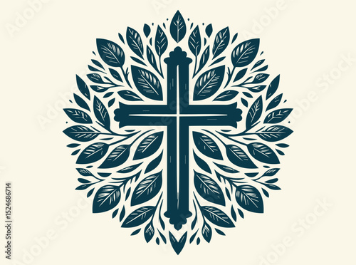 Christian Cross Vector Symbols, Crucifix Silhouettes, Symmetrical Cross with Leaf Motif Illustration Representing Spiritual Growth and Natural Harmony