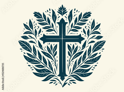 Christian Cross Vector Symbols, Crucifix Silhouettes, Symmetrical Cross with Leaf Motif Illustration Representing Spiritual Growth and Natural Harmony