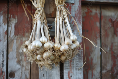 Bundles of dried garlic hanging on rustic wooden wall