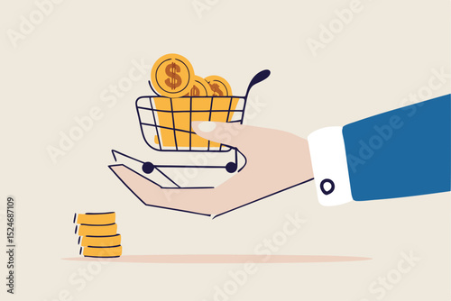 Bargain business deal for buyer and seller, best price shopping, stock for investor or consumer and marketing concept, dollar gold coins in shopping cart or trolley in businessman hand.