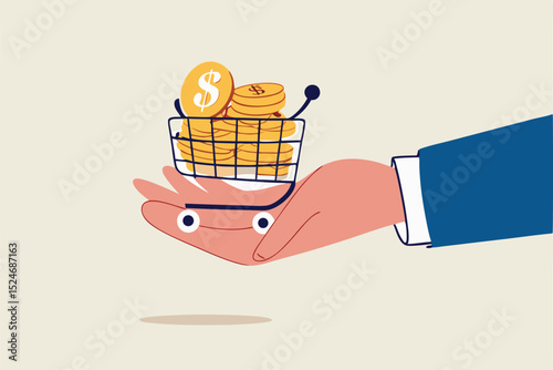 Bargain business deal for buyer and seller, best price shopping, stock for investor or consumer and marketing concept, dollar gold coins in shopping cart or trolley in businessman hand.