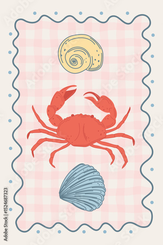Doodle style vector illustration. Illustration of sea creatures on checkered background in wavy frame. Sketch of dolce vita style poster.
