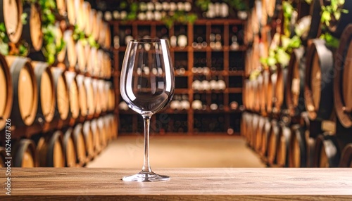 Glass of red wine in front of a wine cellar, toast to the art of winemaking wine