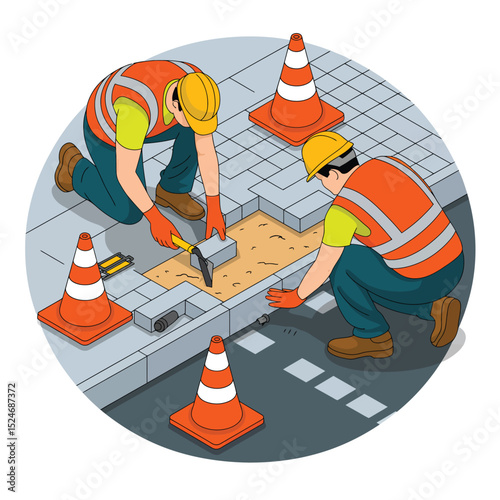 Road construction workers laying pavement  isometric view with safety cones  illustrating urban infrastructure repair and maintenance