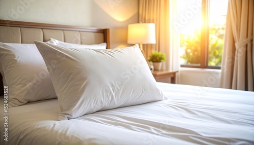 Inviting white bedding and pillows await in this cozy bedroom setting, designed for ultimate relaxation