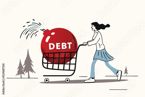 Over shopping, buy thing and pay more than revenue or income, household debt or financial loan and mortgage concept, young woman walk with shopping cart with big bomb with the word debt.