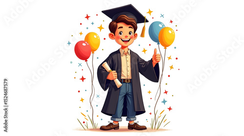 The joyful spirit of a young boy celebrating his graduation. Dressed in a traditional academic cap and gown with yellow and blue accents, he holds a rolled diploma in one hand and a bunch of colorful 