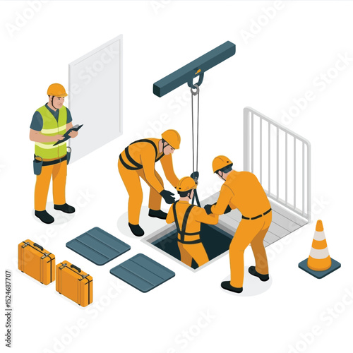 Safety inspectors and workers performing maintenance in an underground infrastructure with a focus on hazard awareness and teamwork