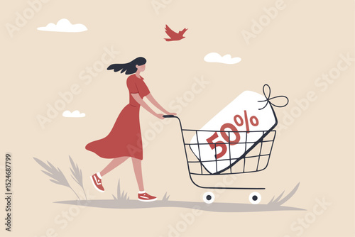 Sales discount online shopping, promotion or bargain retail purchase, e-commerce marketing or sales price tag concept, young woman with shopping cart trolley 50 percent discount price tag.