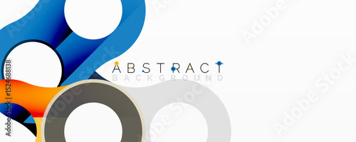 Bright abstract design features curved shapes, circles, gray elements. Modern composition with blue, orange hues. Clean, minimalist style.