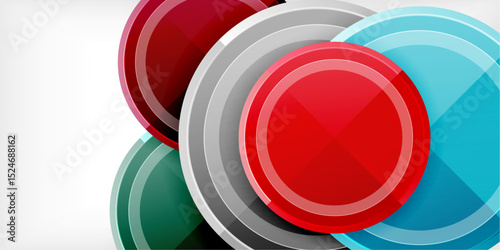 Abstract circles overlap, creating vibrant visual effect. Red, green, blue, gray tones dominate composition. Modern design element.