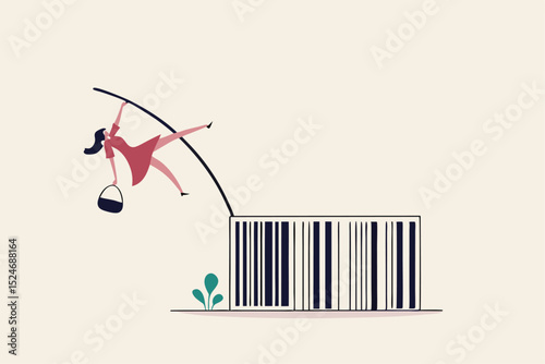 Consumer shopping habit, spending or consumerism, e-commerce or online purchase, marketing and promotion or retail concept, happy woman customer holding shopping bag pole vault jump over shop barcode.