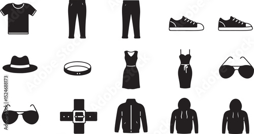 Clothing — shirt, pants, shoes, hat, dress, tie, sunglasses, belt, jacket, hoodie. icon sheet file black and white 