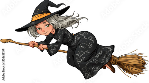 A whimsical elderly witch soaring gracefully through the air on her traditional wooden broomstick. She wears a flowing black robe adorned with golden patterns. vector design project.