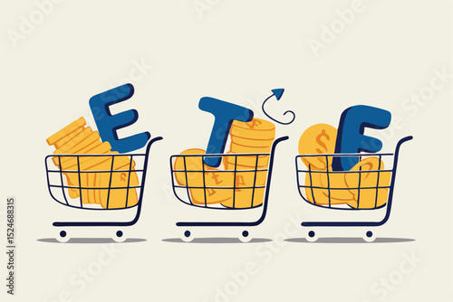 ETF, Exchange Traded Funds realtime mutual funds that tracking investment index trading in stock market concept, shopping carts or trolley full of Dollar money coins with alphabet combine the word ETF