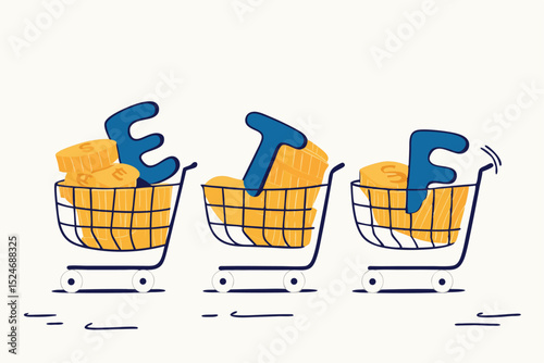 ETF, Exchange Traded Funds realtime mutual funds that tracking investment index trading in stock market concept, shopping carts or trolley full of Dollar money coins with alphabet combine the word ETF