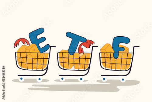 ETF, Exchange Traded Funds realtime mutual funds that tracking investment index trading in stock market concept, shopping carts or trolley full of Dollar money coins with alphabet combine the word ETF