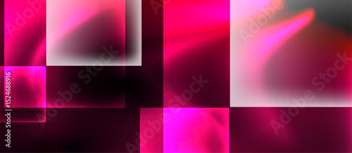Abstract composition features vibrant pink squares, rectangles, blurred edges. Dark background emphasizes glowing shapes, creating modern aesthetic.