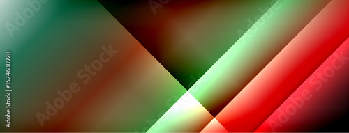 Abstract geometric composition. Diagonal lines create vibrant color gradients, blending red, green, white hues. Minimalist design.