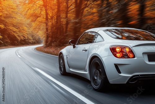 White sports car driving fast on a winding road surrounded by autumn trees with orange and yellow foliage