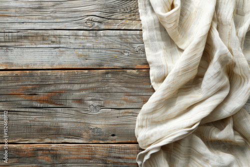 Rustic wooden table with draped beige linen fabric