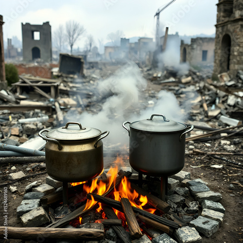 Two metal pots boil over an open fire amidst the ruins of a bombed-out town. Smoke fills the air.