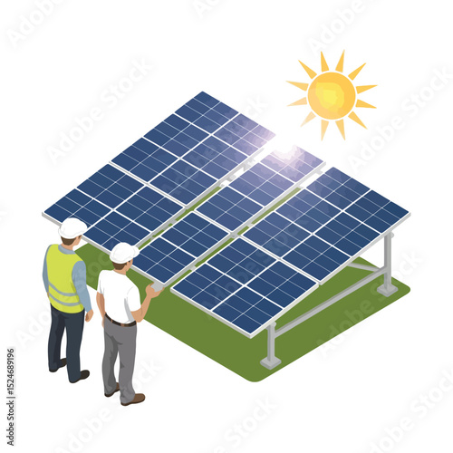 Two engineers inspecting solar panels near the sun generating sustainable renewable green energy for environment