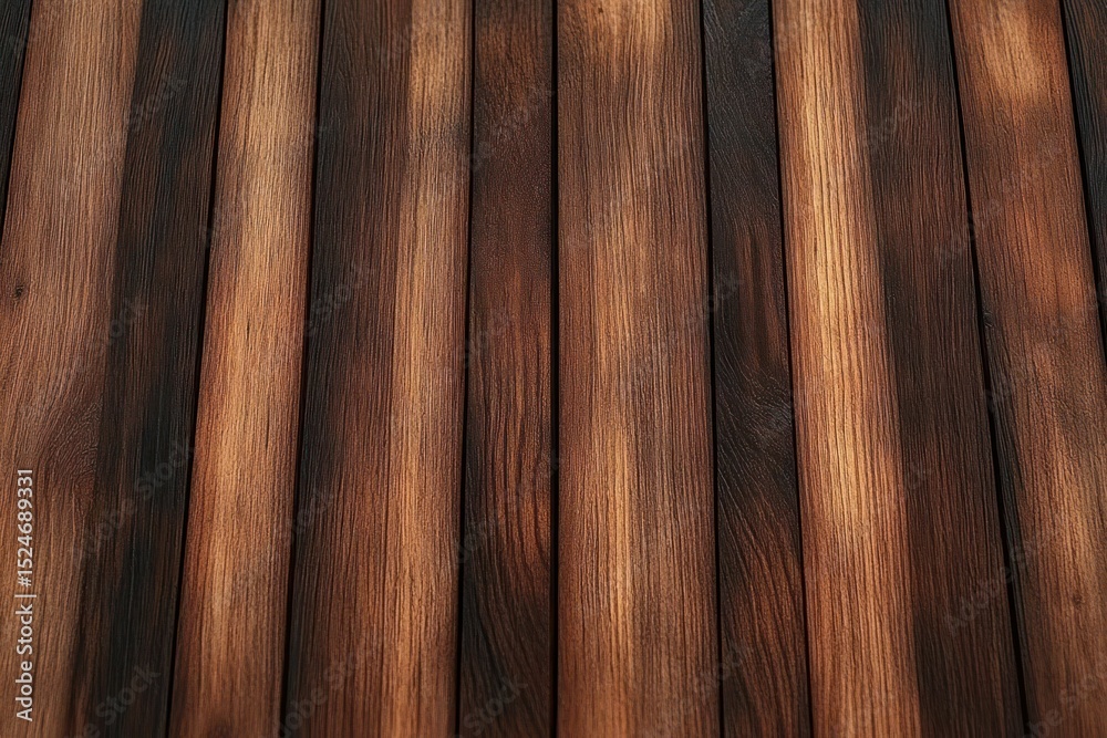 Fototapeta premium Close-up view of vertical wooden planks with rich brown and black tones showing natural wood grain texture and patterns