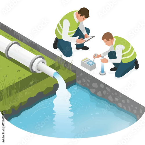 Water quality inspection and analysis scientists assessing effluent discharge and testing in a water source for environmental monitoring and pollution control
