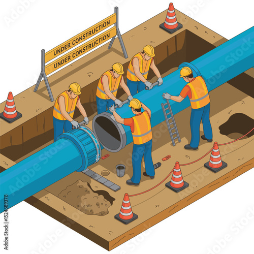 Workers installing a large blue water pipe in an underground trench with under construction signs and safety cones representing infrastructure and utilities