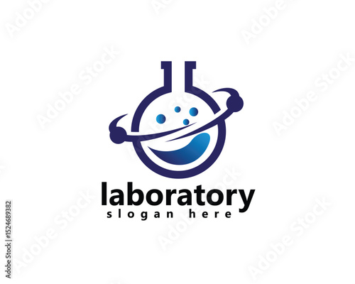 creative laboratory logo, lab flask with atoms around, logo design template