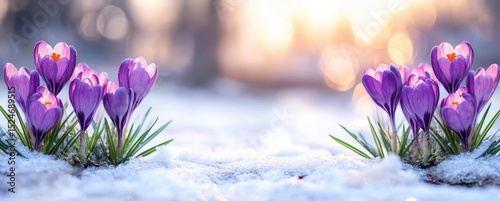 Wallpaper Mural Clusters of vibrant purple crocus flowers blooming through melting snow with warm glowing sunlight and bokeh background creating a serene and hopeful atmosphere Torontodigital.ca