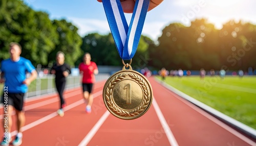 Triumphant athlete holds medal on track after winning race
