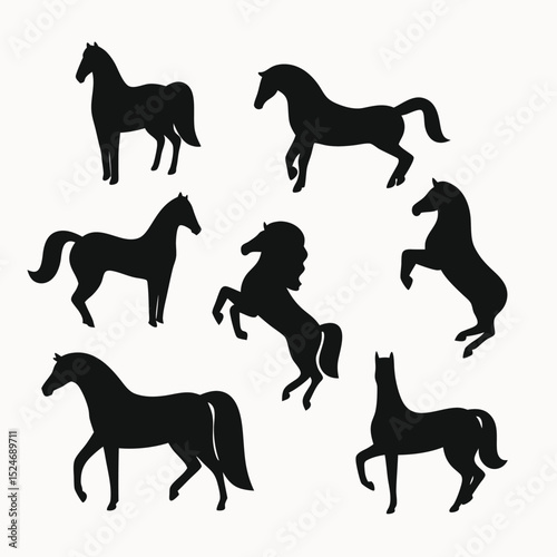 Collection of Elegant Black Horse Silhouettes Vector Illustrations