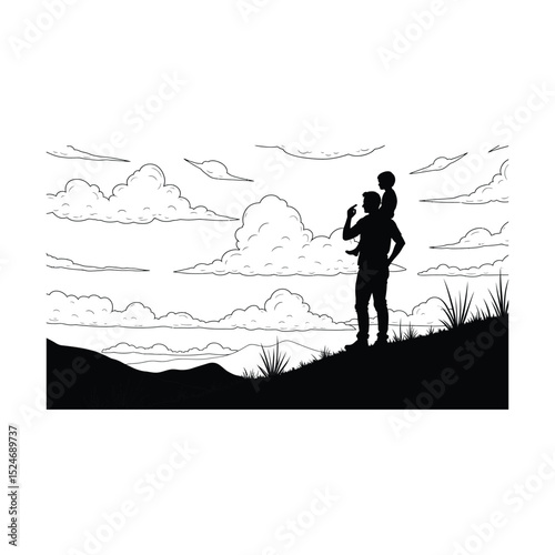 Father and child silhouette enjoying a scenic view of clouds and mountain landscape