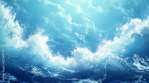 A cool blue background with bright white waves crashing into each other, forming fluid patterns that flow seamlessly across the canvas, creating a refreshing, artistic atmosphere,