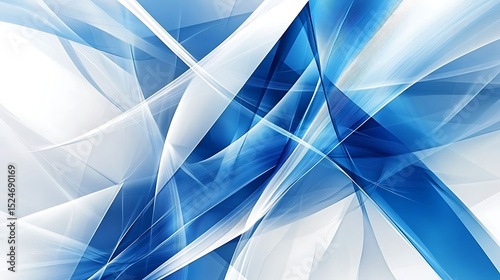 A dynamic abstract background with sharp, angular blue shapes intersecting with soft, flowing white lines, creating a contrast between rigid structure and organic motion,