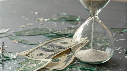 Money Bills Trapped Inside Broken Hourglass Representing Wealth Time Concept Suitable for Financial Philosophy Visuals photo