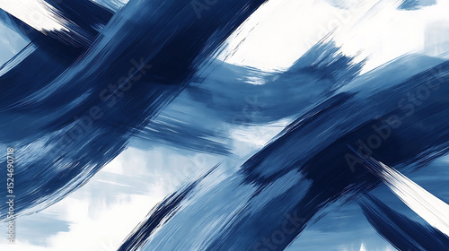 A minimalist modern abstract design with deep blue fluid strokes crossing over soft white brush strokes, forming a dynamic and artistic pattern full of movement and subtle texture,