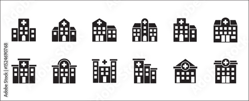 Hospital icon set. Healthcare icon set. Icon collection of hospital, clinic, medical building, medic. Vector illustration