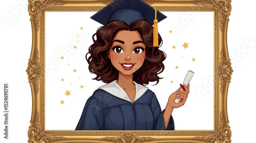 beautifully illustrated portrait features a young African-American woman celebrating her graduation. She is shown confidently smiling while wearing a traditional navy blue graduation cap and gown,