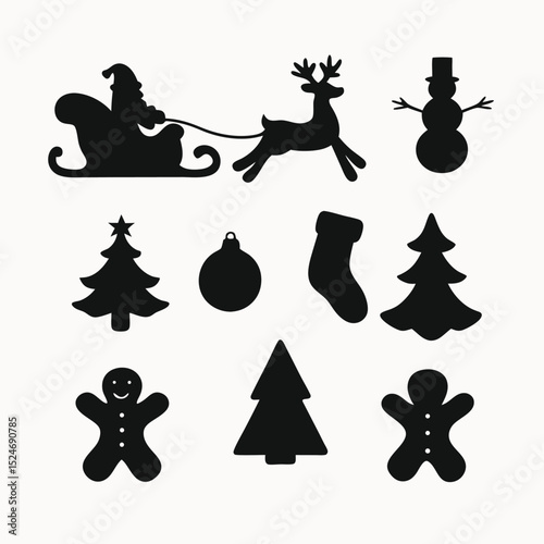 Christmas Silhouettes Santa, Reindeer, Snowman, Christmas Trees, Ornaments, Gingerbread Men, Stockings - Festive Holiday Vector Icons