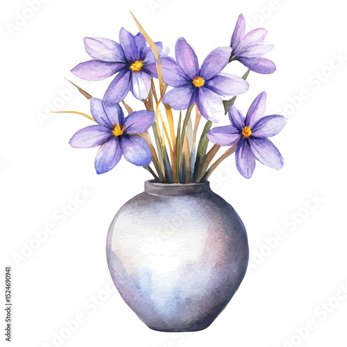 A Blue-eyed Grass In A Vase, watercolor clipart vector, high quality, isolated on a white background.
